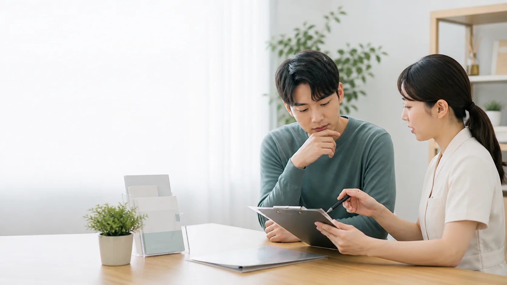 레이저 제모 상담 전에 질문과 비용 항목을 확인하는 모습